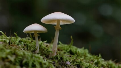 Two white mushrooms growing on a moss-covered log in a forest setting