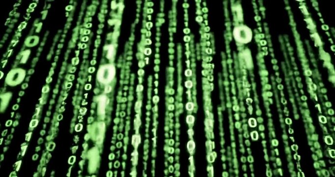 Digital rain of binary code cascading down a dark screen representing data streams