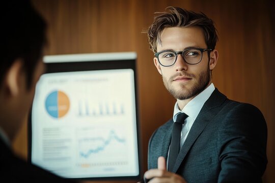 Young businessman in glasses looking thoughtfully while a colleague presents data charts and graphs on a screen in an office setting
