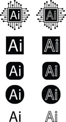 Artificial intelligence AI icon set collection group in black flat and line style, technology logo pack, outline symbol bundle, minimal glyph assortment, modern digital design elements