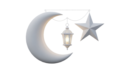 A 3D rendering of a white crescent moon, a star, and a glowing lantern, symbols of Ramadan.