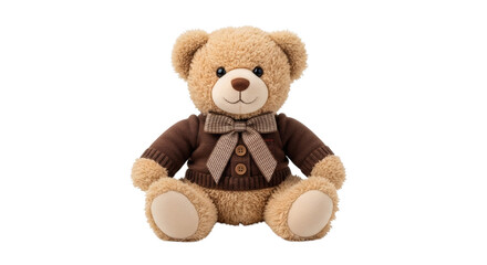 Obraz premium Adorable teddy bear toy in sweater with bowtie sits against a clean background, radiating sweetness