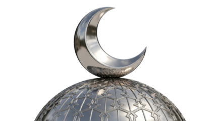 A polished silver crescent moon, a symbol of Islam, rests on a detailed metallic dome with a geometric star pattern isolated on a white background.