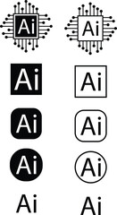 Artificial intelligence AI icon set collection group in black flat and line style, technology logo pack, outline symbol bundle, minimal glyph assortment, modern digital design elements