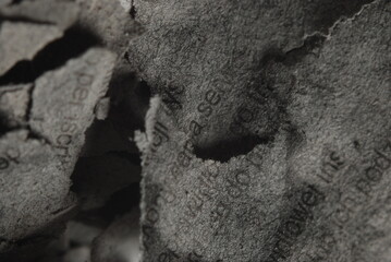 A burnt sheet of papper with text on it, close-up