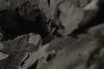 A burnt sheet of papper with text on it, close-up