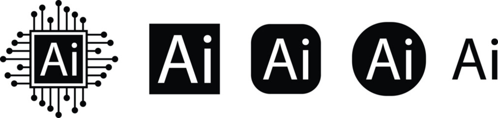 Artificial intelligence AI icon set collection group in black flat and line style, technology logo pack, outline symbol bundle, minimal glyph assortment, modern digital design elements