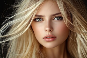 Naklejka premium Close-up portrait of a young woman with flowing blonde hair and striking green eyes looking calmly into the camera against a dark background