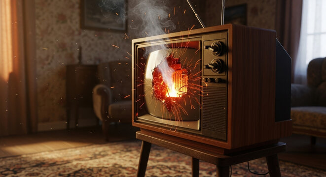 Vintage television exploding with sparks in a cozy living room setting
