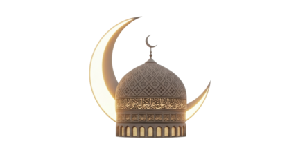 A golden, ornate dome of a mosque with a crescent finial, framed by a larger, luminous crescent moon on a white background.