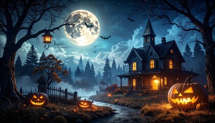 Haunted Victorian house under glowing moon with jack-o'-lanterns, fog, and twisted trees in eerie Halloween night.
