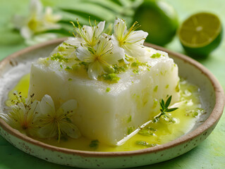 Delicate white dessert with edible flowers and lime zest