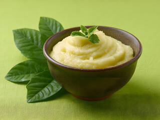 Creamy mashed potatoes in a wooden bowl with green leaves