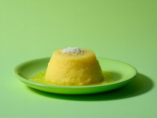 A single yellow dessert on a green plate with sauce