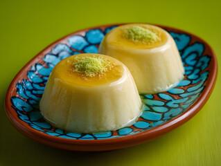 Two creamy desserts on a decorative patterned plate
