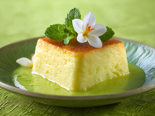 Square dessert with mint and flower garnish on green plate