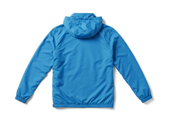 Blue windbreaker jacket laying flat on white surface, showcasing its lightweight and waterproof qualities for outdoor activities, conveying practicality and style.