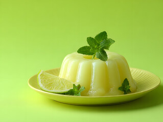 Lime jelly dessert with mint and lime slices on plate