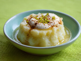 Mashed potato dessert with cream and pistachios