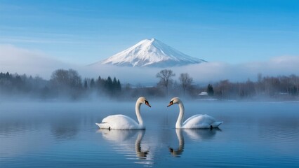 Two Swans Gracefully Floating Serene