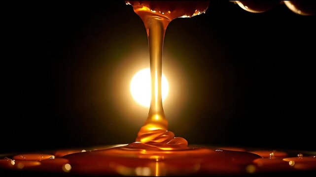 Liquid golden stream pouring backlit by bright light landing onto a reflective surface
