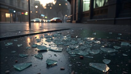 Shards of glass scattered on a wet city street at night with cars in distance