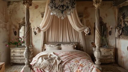 Elegant bedroom with a fourposter bed draped canopy and ornate chandelier - Powered by Adobe