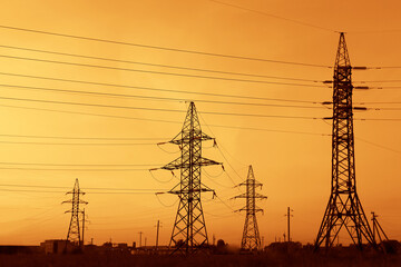 Power distributing substation. electrical step-down or step-up substation. Network at transformer...