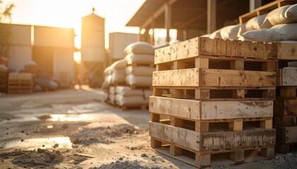 Wooden Pallets in Industrial Yard at Sunset with Stacks of Materials