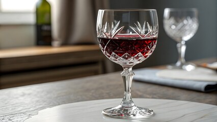 Close up shot of a crystal wine glass filled with red wine on a marble surface