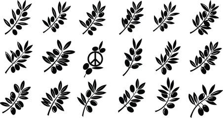 olive, branch, silhouette, set, peace, symbol, vector, illustration, botanical, design, leaf, icon, nature, element, isolated, black, graphic, art, prosperity, emblem