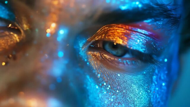 Extreme closeup of an eye covered in glitter