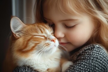 young child gently cuddling a content ginger and white cat with closed eyes, sharing a tender and peaceful moment indoors