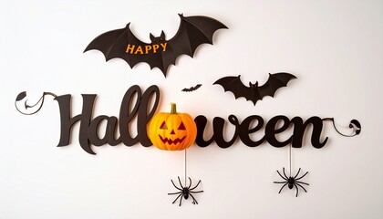“Happy Halloween” wall decor with bats, jack-o'-lantern letter, and hanging spiders on dark background.
