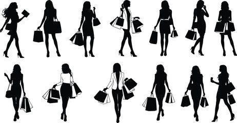 Obraz premium stylish female shoppers, retail lifestyle, trendy outfits, carrying bags, walking poses, modern fashion illustration, consumerism, elegance, style, urban shopping scene