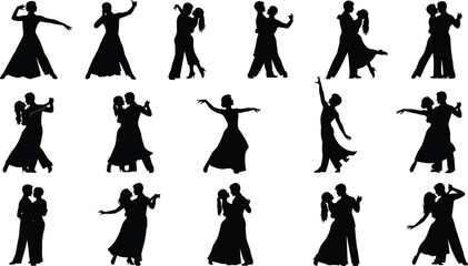 Silhouette ballroom dancing couples in elegant poses, tango, waltz, salsa, romantic performance, choreography, artistic movement, partner dance, passion, celebration