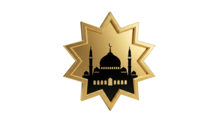 A golden eight-pointed star emblem featuring a black silhouette of a mosque with minarets and a dome against a white background.