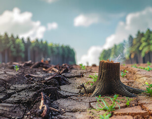 Obraz premium Close-up of a smoking tree stump on dry, cracked earth. A healthy forest in the distance contrasts the devastation, symbolizing deforestation's impact and loss