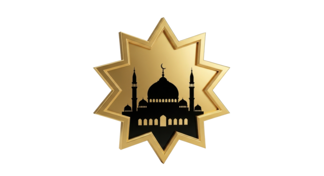 A golden eight-pointed star emblem featuring a black silhouette of a mosque with minarets and a dome against a white background.
