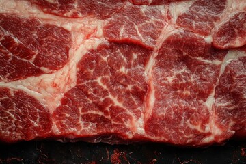 Close-up view of fresh raw marbled red meat with white fat layers on a dark background, showcasing rich texture and quality