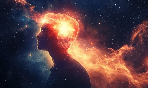 Silhouette of a person with a glowing, fiery brain emitting bright, swirling cosmic energy in a star-filled outer space background - Powered by Adobe