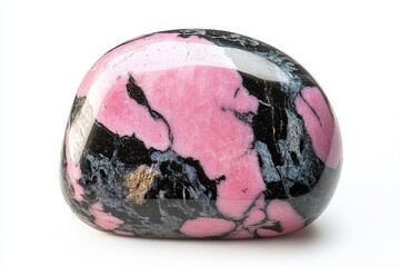 polished smooth stone with striking pink and black patterns on white background