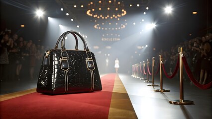 Black handbag on a red carpet runway with lights and crowd in the background