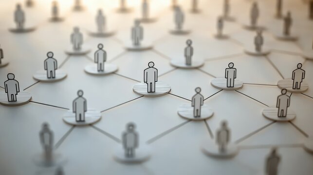 Abstract representation of connected figures symbolizing a network or social connections through linked lines and isolated standing icons on round bases - Powered by Adobe