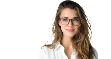 a happy young woman in a white shirt and glasses, smiling at the camera, isolated on a transparent background