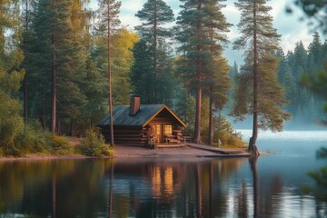 Cozy wooden cabin illuminated from within nestled among tall pine trees by a calm lake at dusk with reflections on serene water and misty atmosphere