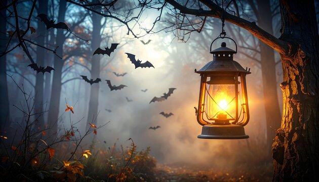 Vintage lantern glowing in misty forest at dusk, bats flying through eerie autumn air.