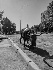 Monochrome low-angle shot of a bull statue on a grassy island, casting a long shadow next to a paved path and a tall street lamp