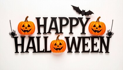 Playful Halloween greeting with carved pumpkins, spiders, and bat on white backdrop.
