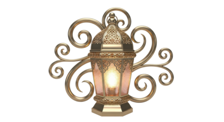 Ornate golden lantern with intricate swirling metalwork, emitting a warm, soft light, presented against a clean white background.
